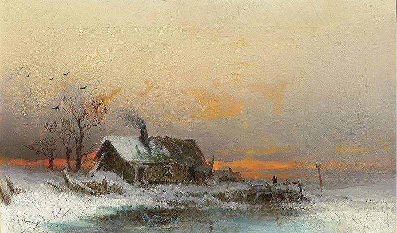 wilhelm von gegerfelt Winter picture with cabin at a river France oil painting art